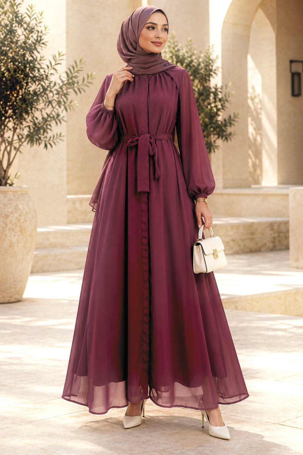 Weit geschnittene Chiffon-Abaya mit langen Ärmeln