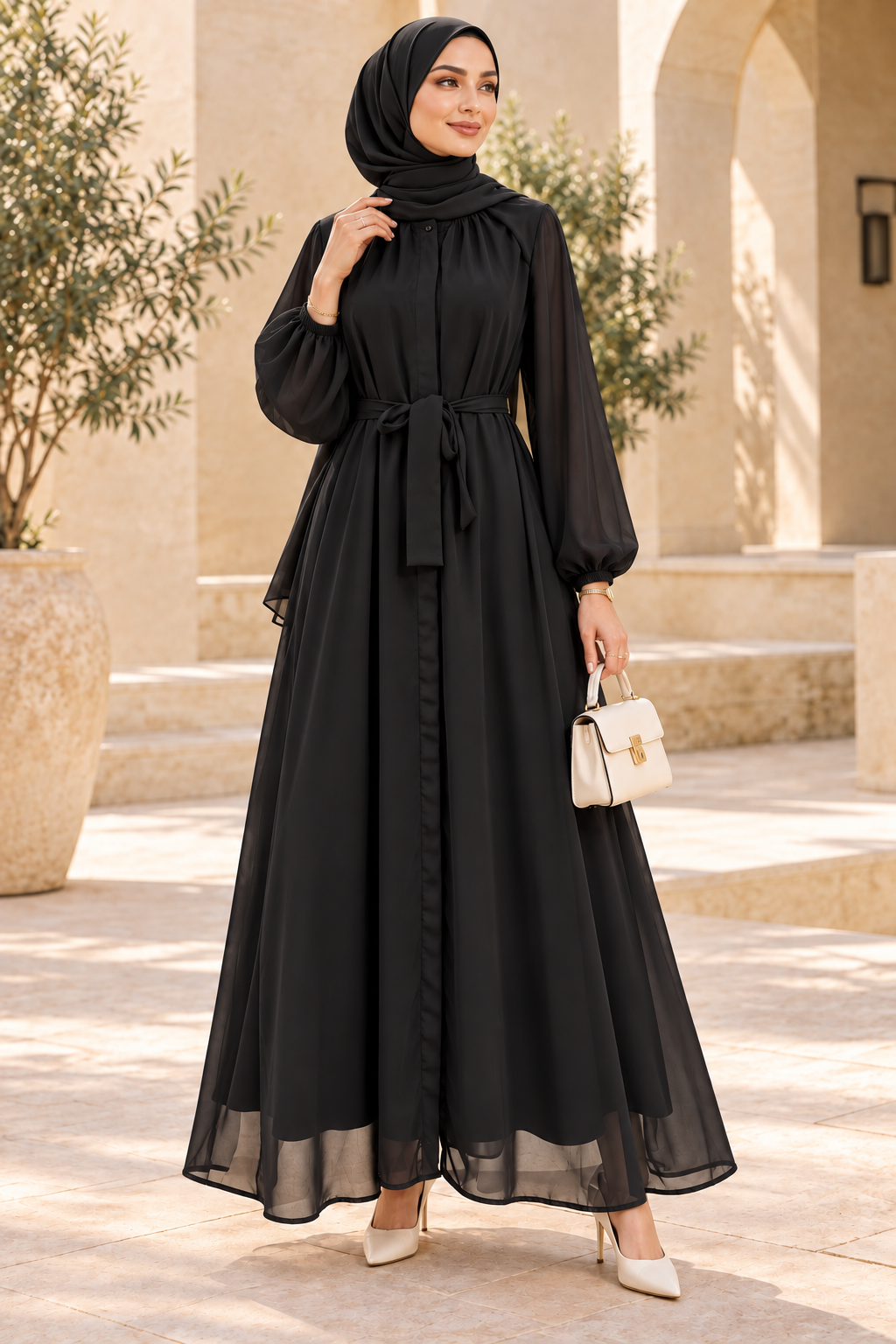 Lange Chiffon-Abaya mit passendem Gürtel – Produktaufnahme